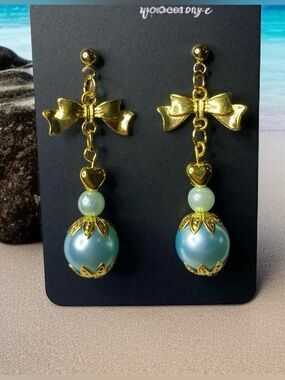 Beautiful Gold and Blue Bow Drop Earrings